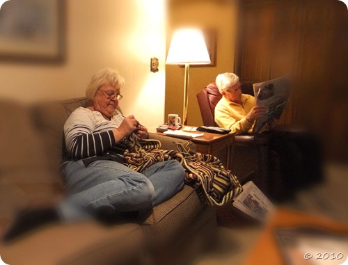 Grandpa and Grandma reading and knitting in the living room